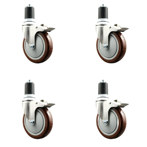 5 Inch 316SS Maroon Poly Swivel 1-3/4 Inch Expanding Stem Caster Set Lock Brake