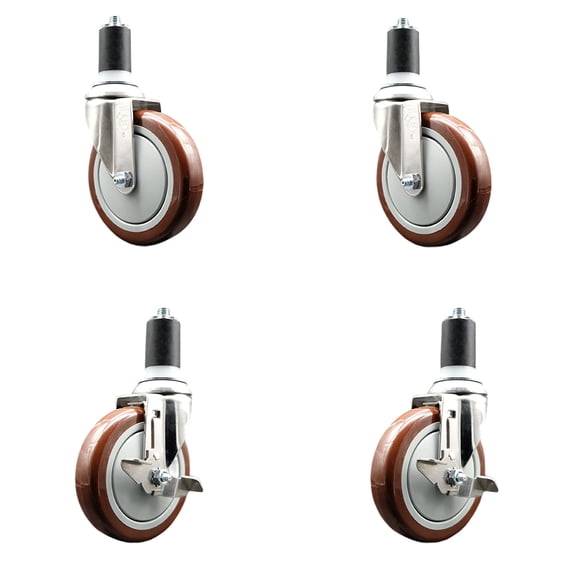 5 Inch 316SS Maroon Poly Swivel 1-5/8 Inch Expanding Stem Caster Set 2 Brake SCC