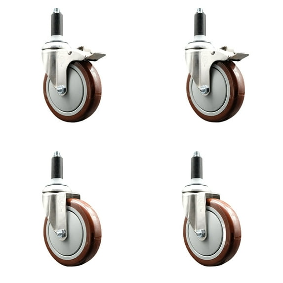 5 Inch 316SS Maroon Poly Swivel 1 Inch Stem Caster Set 2 Lock Brake SCC