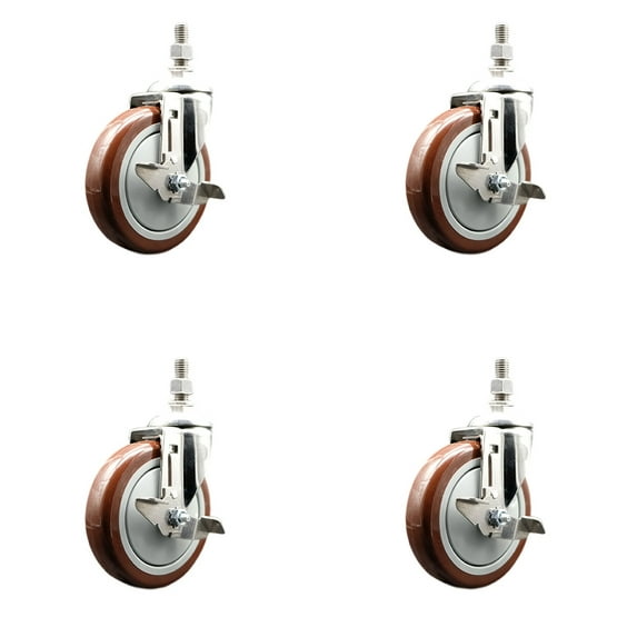5 Inch 316SS Maroon Polyurethane Swivel 3/8 Inch Threaded Stem Caster Set Brake