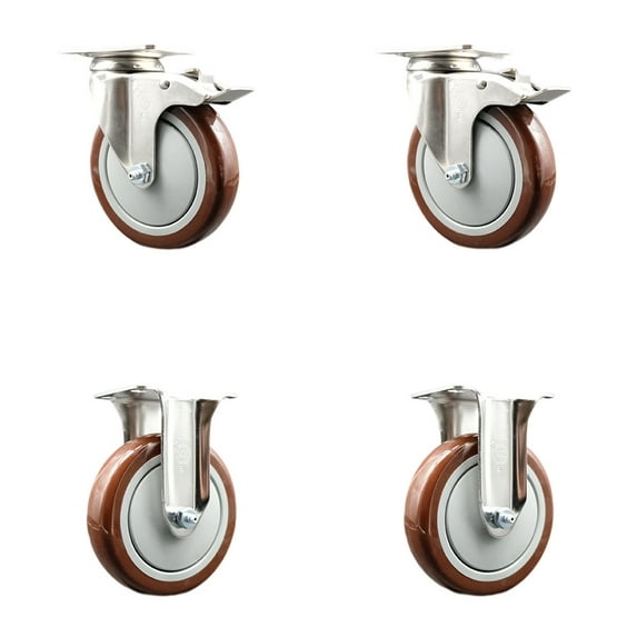 5 Inch 316SS Maroon Polyurethane Swivel Plate Caster Set 2 Lock Brake 2 Rigid