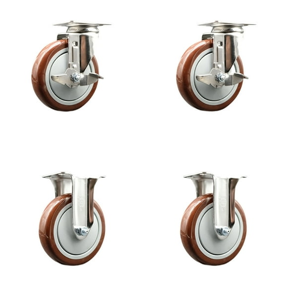 5 Inch 316SS Maroon Polyurethane Swivel Top Plate Caster Set 2 Brake 2 Rigid SCC