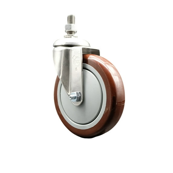 5 Inch 316SS Maroon Polyurethane Wheel Swivel 10mm Threaded Stem Caster SCC