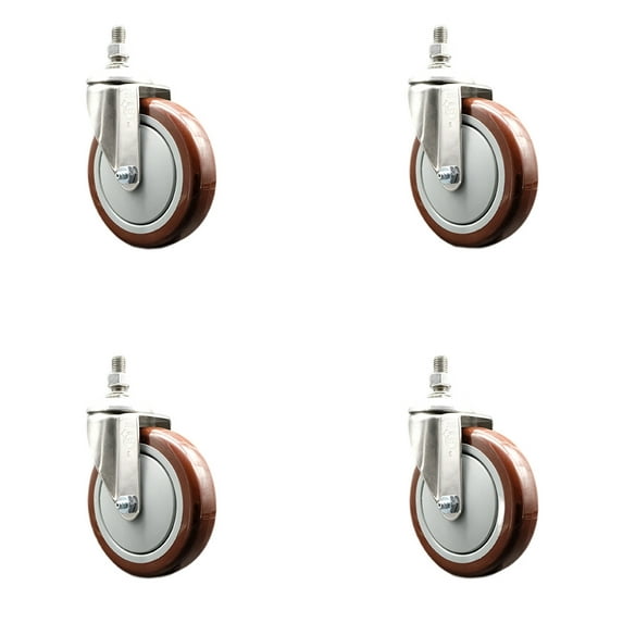 5 Inch 316SS Maroon Polyurethane Wheel Swivel 3/8 Inch Threaded Stem Caster Set