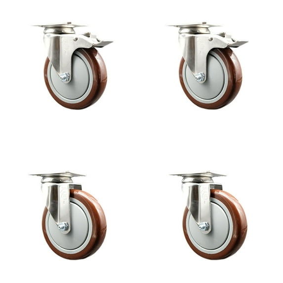 5 Inch 316SS Maroon Polyurethane Wheel Swivel Top Plate Caster Set 2 Lock Brakes