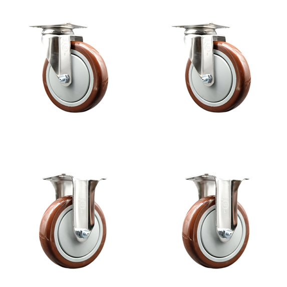 5 Inch 316SS Maroon Polyurethane Wheel Swivel Top Plate Caster Set 2 Rigid SCC