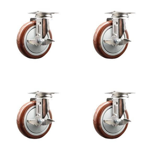 5 Inch 316SS Maroon Polyurethane Wheel Swivel Top Plate Caster Set with Brake