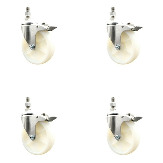 5 Inch 316SS Nylon Wheel Swivel 10mm Threaded Stem Caster Set Lock Brake SCC