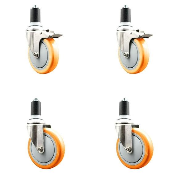 5 Inch 316SS Orange Poly Swivel 1-1/2 Inch Expanding Stem Caster Set 2 Brake