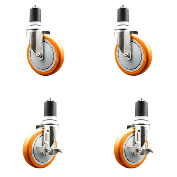 5 Inch 316SS Orange Poly Swivel 1-3/4 Inch Expanding Stem Caster Set 2 Brake SCC