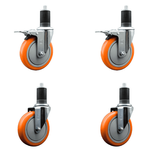 5 Inch 316SS Orange Poly Swivel 1-5/8 Inch Expanding Stem Caster Set 2 Brake