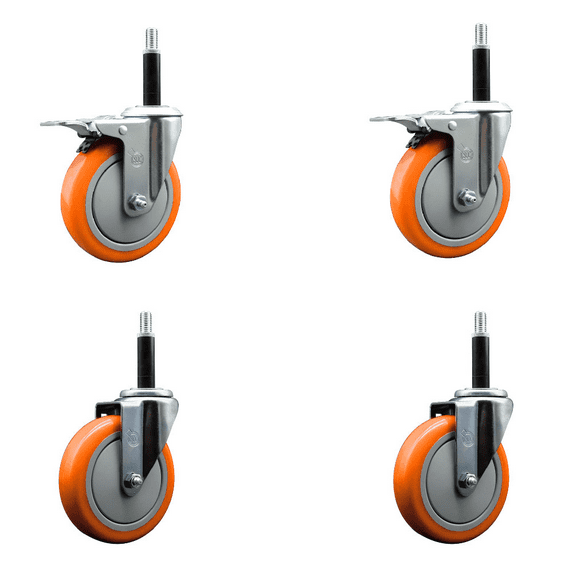 5 Inch 316SS Orange Poly Swivel 3/4 Inch Expanding Stem Caster Set 2 Lock Brake