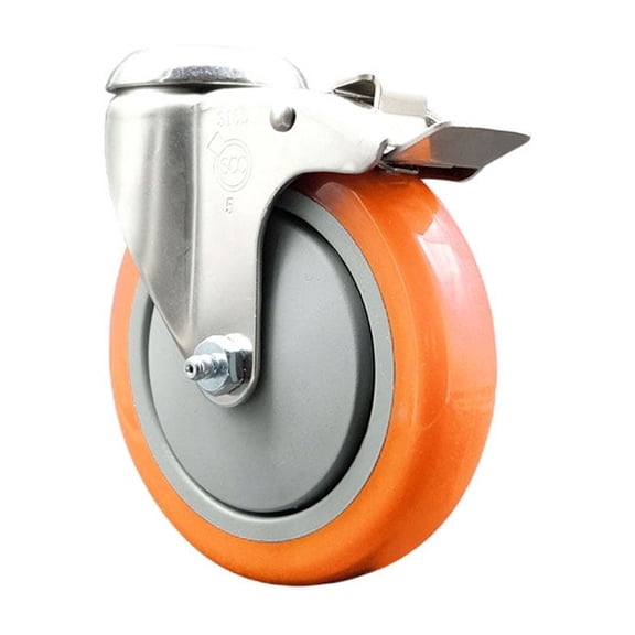 5 Inch 316SS Orange Polyurethane Swivel Bolt Hole Caster with Total Lock Brake