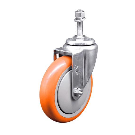5 Inch 316SS Orange Polyurethane Wheel Swivel 10mm Threaded Stem Caster SCC