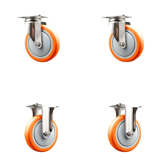 5 Inch 316SS Orange Polyurethane Wheel Swivel Top Plate Caster Set 2 Rigid SCC