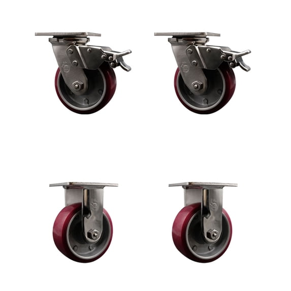 5 Inch 316SS Poly on Aluminum Caster Set w/Roller Bearings 2 Brakes 2 Rigid SCC