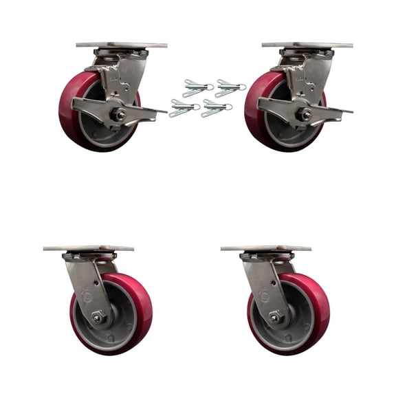 5 Inch 316SS Poly on Aluminum Caster Set w/Roller Bearings 4 Swivel Lock 2 Brake