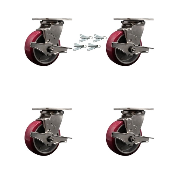 5 Inch 316SS Poly on Aluminum Caster Set with Ball Bearings & Brake/Swivel Lock