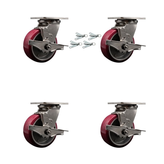 5 Inch 316SS Poly on Aluminum Caster Set with Delrin Bearings& Brake/Swivel Lock