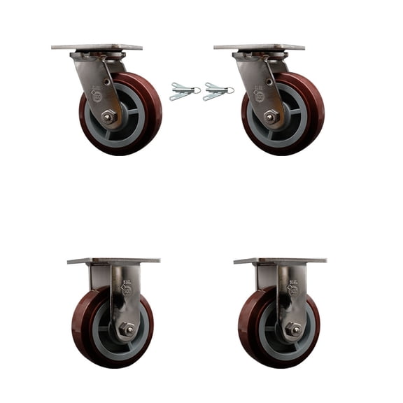 5 Inch 316SS Polyurethane Caster Set with Roller Bearings 2 Swivel Locks 2 Rigid