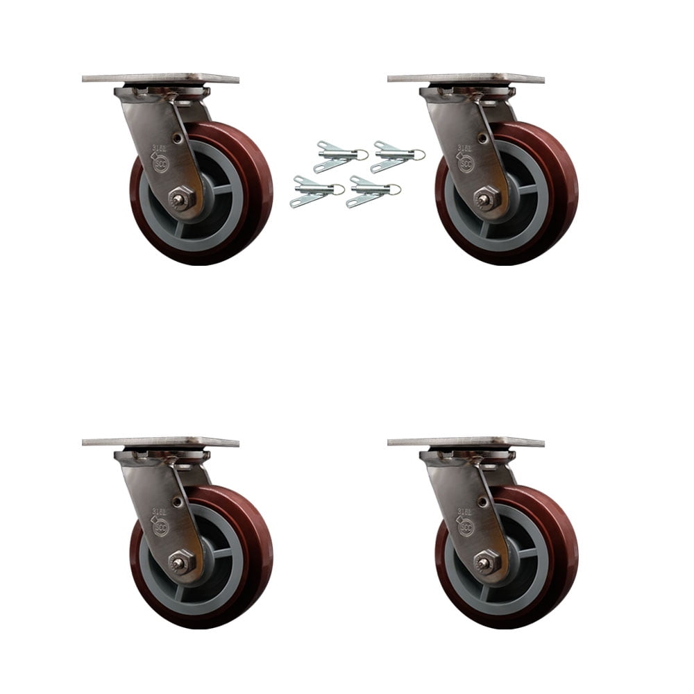 5 Inch 316SS Polyurethane Swivel Caster Set with Ball Bearings and ...