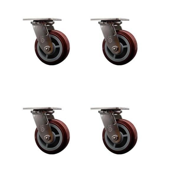 5 Inch 316SS Polyurethane Wheel Swivel Caster Set with Roller Bearings SCC