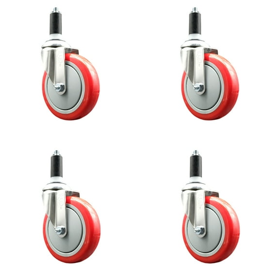 5 Inch 316SS Red Polyurethane Swivel 1-1/4 Inch Expanding Stem Caster Set SCC