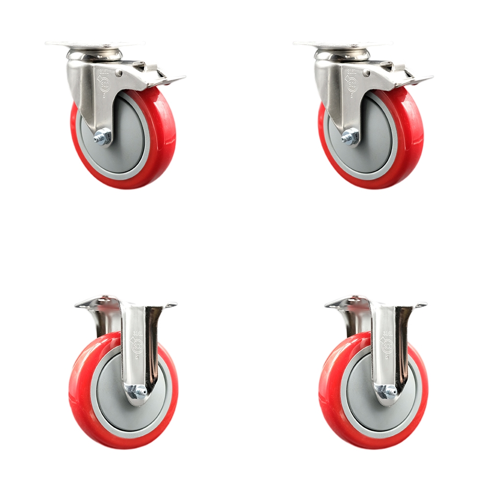 5 Inch 316SS Red Polyurethane Swivel Top Plate Caster Set 2 Lock Brake ...