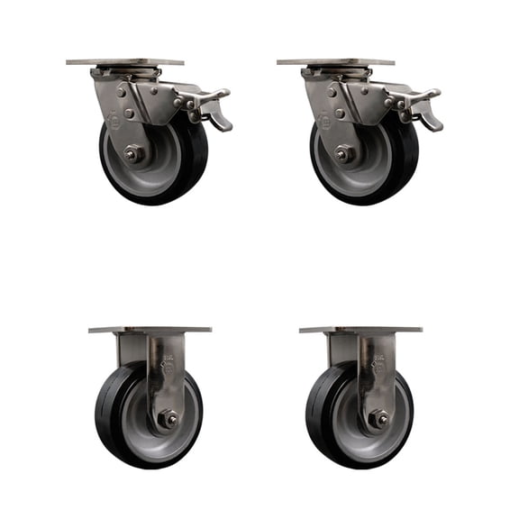 5 Inch 316SS Rubber on Aluminum Caster Set w/Roller Bearings 2 Brake 2 Rigid SCC