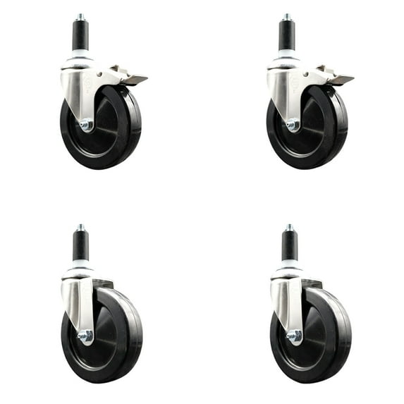 5 Inch 316SS Soft Rubber Swivel 1-1/4 Inch Stem Caster Set 2 Lock Brake SCC