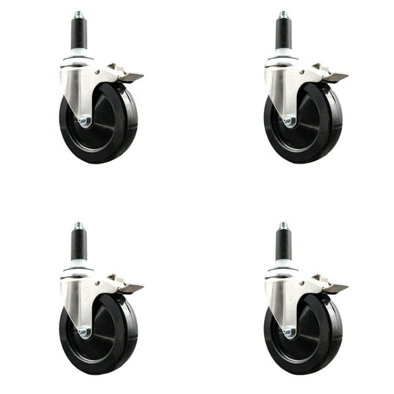 5 Inch 316SS Soft Rubber Swivel 1-1/8 Inch Expanding Stem Caster Set Lock Brake