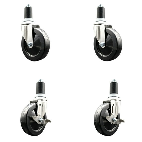 5 Inch 316SS Soft Rubber Swivel 1-5/8 Inch Expanding Stem Caster Set 2 Brake SCC