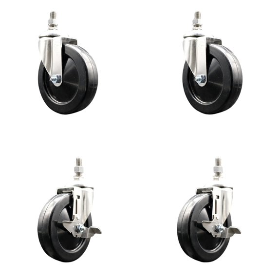 5 Inch 316SS Hard Rubber Wheel Swivel 10mm Threaded Stem Caster Set 2 Brakes