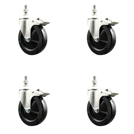 5 Inch 316SS Hard Rubber Wheel Swivel ½ Inch Threaded Stem Caster Set Lock Brake