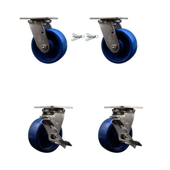 5 Inch 316SS Solid Poly Caster Set with Delrin Bearings 2 Swivel Locks 2 Brakes