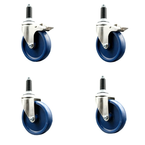 5 Inch 316SS Solid Poly Swivel 1 Inch Expanding Stem Caster Set 2 Lock Brake