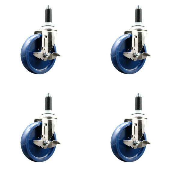 5 Inch 316SS Solid Poly Swivel 1 Inch Expanding Stem Caster Set Brake SCC