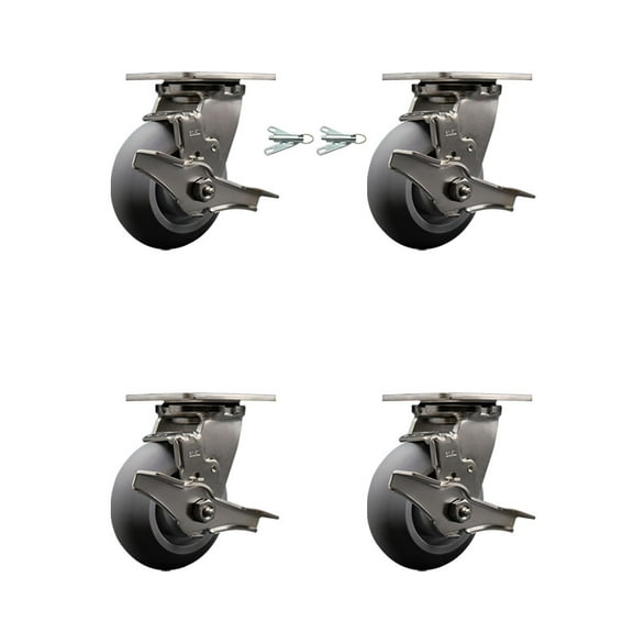 5 Inch 316SS Thermo Donut Tread Caster Set w/Delrin Bearings 4 Brake 2 Swvl Lock