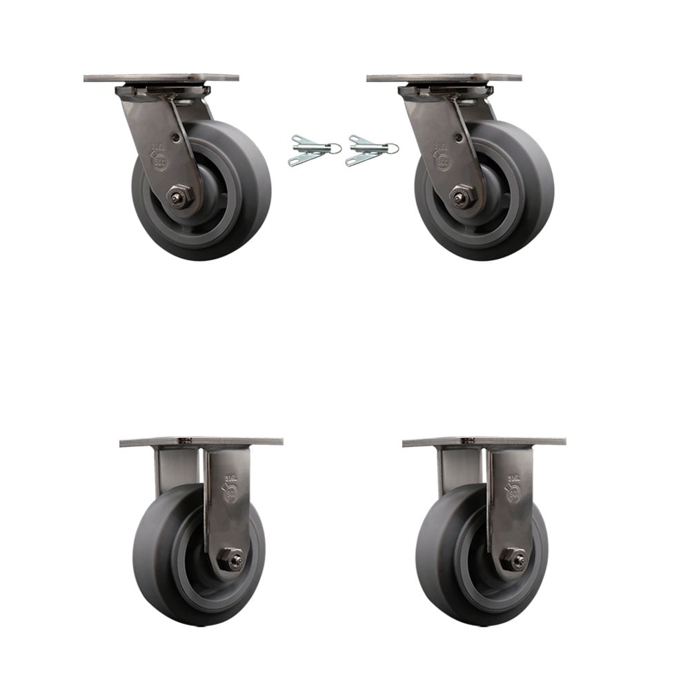 5 Inch 316SS Thermo Flat Tread Caster Set w/Delrin Bearing 2 Swivel ...