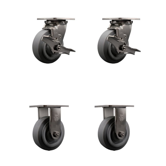 5 Inch 316SS Thermo Flat Tread Caster Set w/Roller Bearings 2 Brakes 2 Rigid SCC