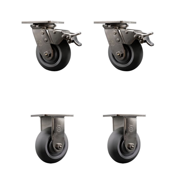 5 Inch 316SS Thermo Rubber Donut Tread Caster Set w/Ball Bearing 2 Brake 2 Rigid