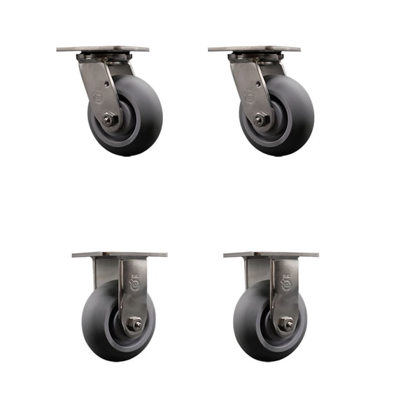 5 Inch 316SS Thermo Rubber Donut Tread Caster Set w/Ball Bearings 2 Swvl 2 Rigid