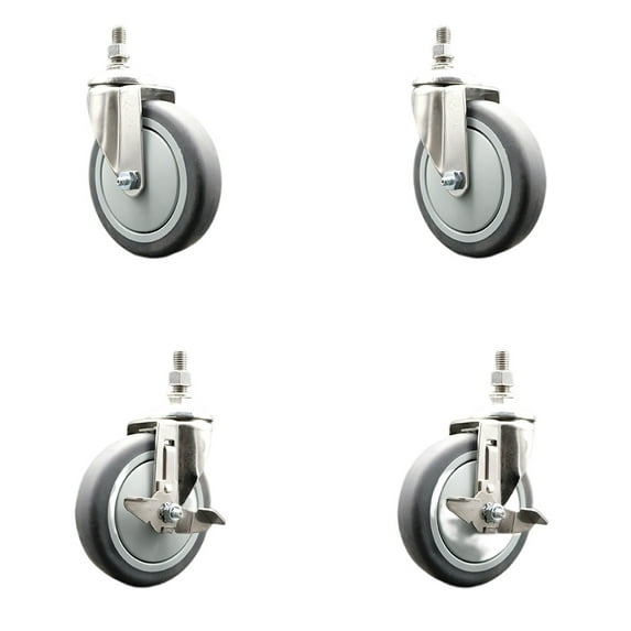 5 Inch 316SS Thermoplastic Rubber 3/8 Inch Threaded Stem Caster Set 2 Brake SCC