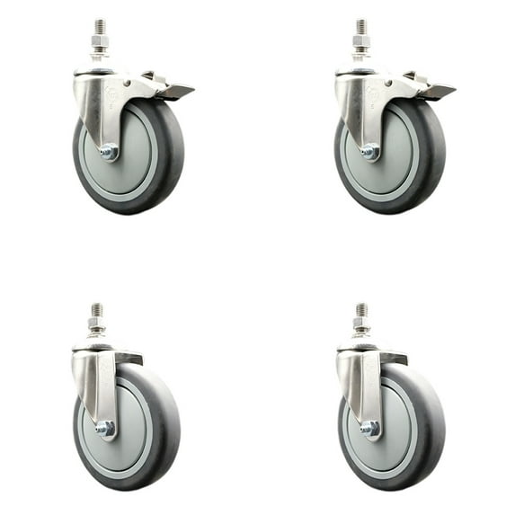 5 Inch 316SS Thermoplastic Rubber 3/8 Inch Threaded Stem Caster Set 2 Lock Brake
