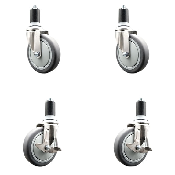 5 Inch 316SS Thermoplastic Rubber Swivel 1-1/2 Inch Stem Caster Set 2 Brake SCC