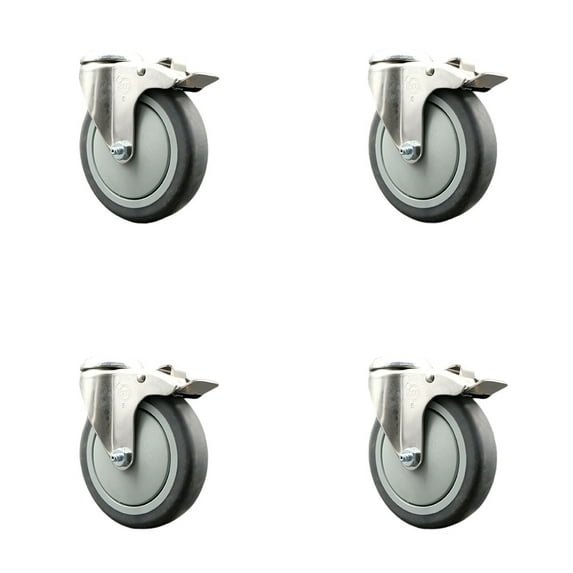 5 Inch 316SS Thermoplastic Rubber Swivel Bolt Hole Caster Set with Lock Brake