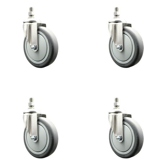 5 Inch 316SS Thermoplastic Rubber Wheel Swivel 3/8 Inch Threaded Stem Caster Set