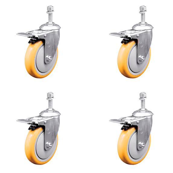 5 Inch 316SS Yellow Polyurethane Wheel Swivel 10mm Stem Caster Set Lock Brake
