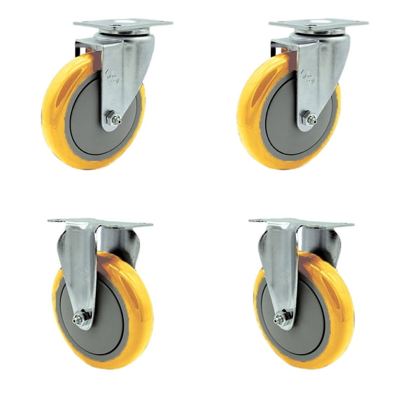 5 Inch 316SS Yellow Polyurethane Wheel Swivel Top Plate Caster Set 2 Rigid SCC
