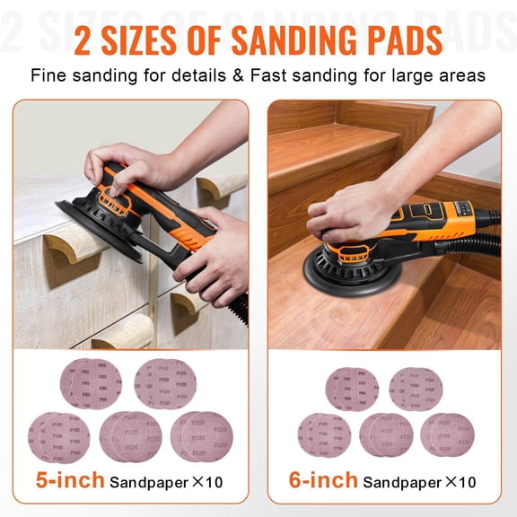 5 Inch 6 Inch 350W Brushless Random Access Rail Sander 10000 RPM 6 Speed Electric Palm Sander with 20 Sandpaper Sheets Dust Attachment Hose for Woodworking Detail Sanding